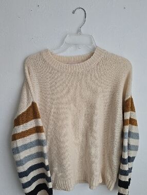 Pink Lily Cream Knit Sweater with Striped Sleeves